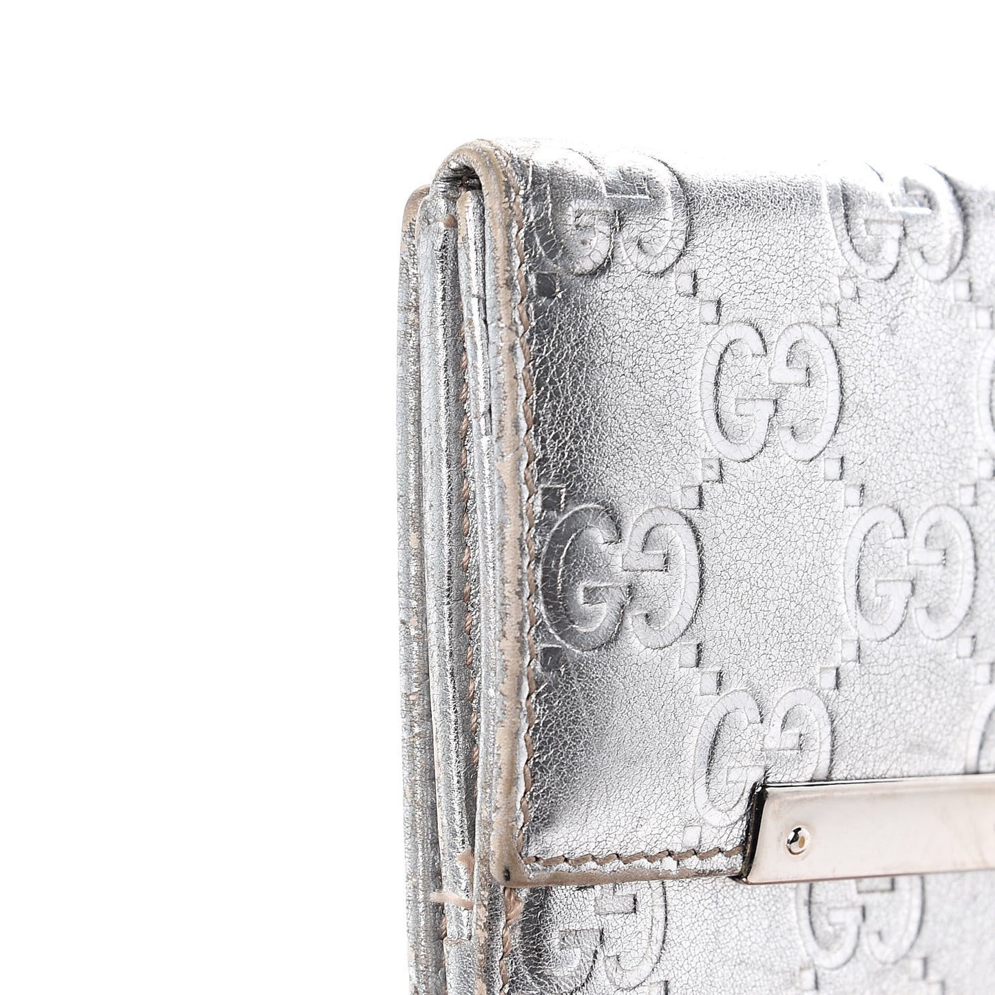 Metallic Guccissima Metal Bar French Flap Wallet Silver
