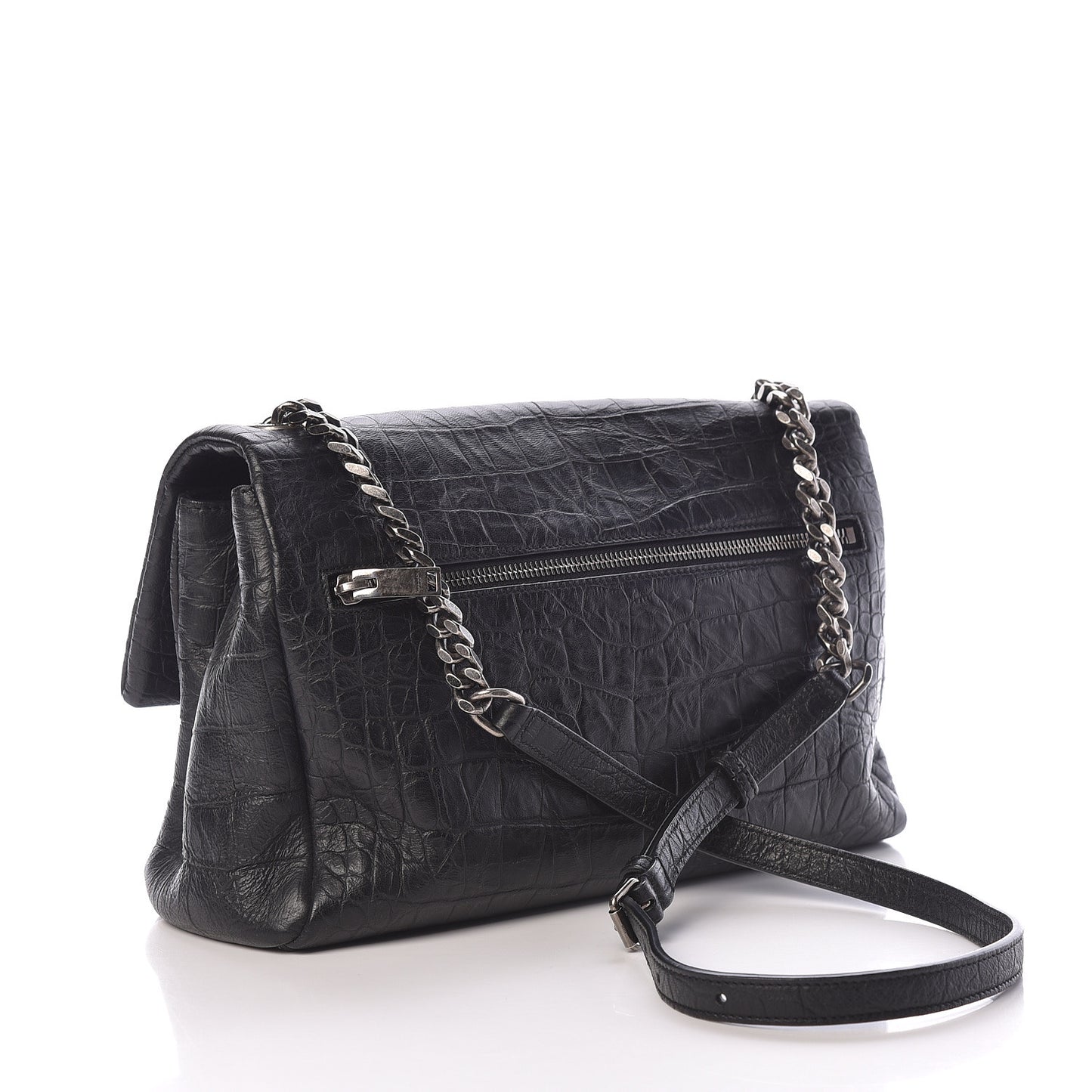 Calfskin Crocodile Embossed Medium West Hollywood Monogram Fold-Over Black
