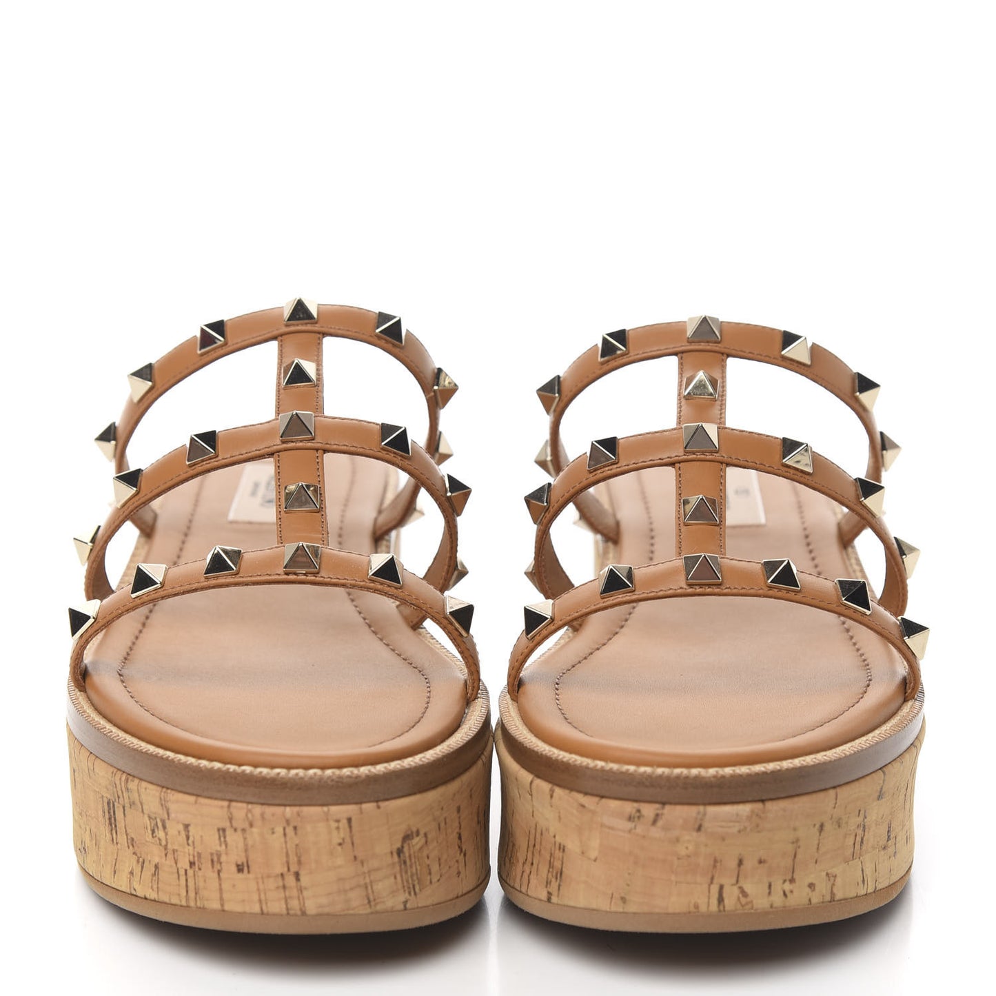 Calfskin Cork Rockstud Caged 30/50mm Platform Sandals 38 Tan