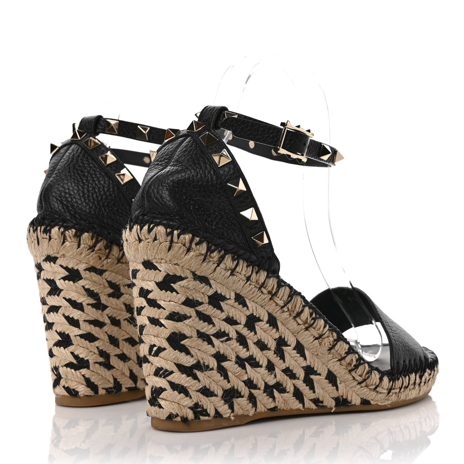Valentino Garavani Grained Calfskin Rockstud Ankle Strap Espadrille 15/105mm Wedge Sandals 39 Black Natural 4 of 8