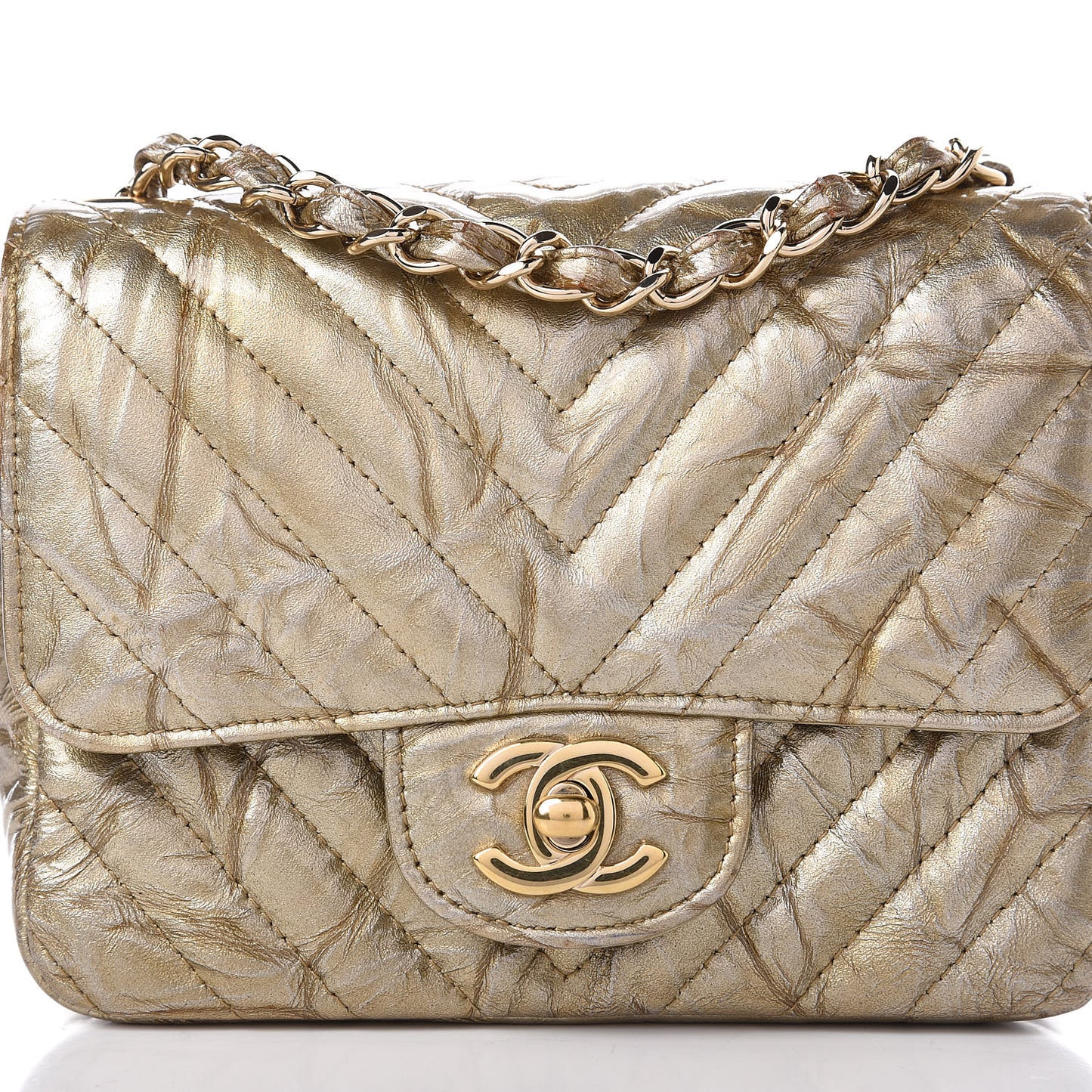 Patent Metallic Crumpled Calfskin Chevron Quilted Mini Rectangular Flap Gold