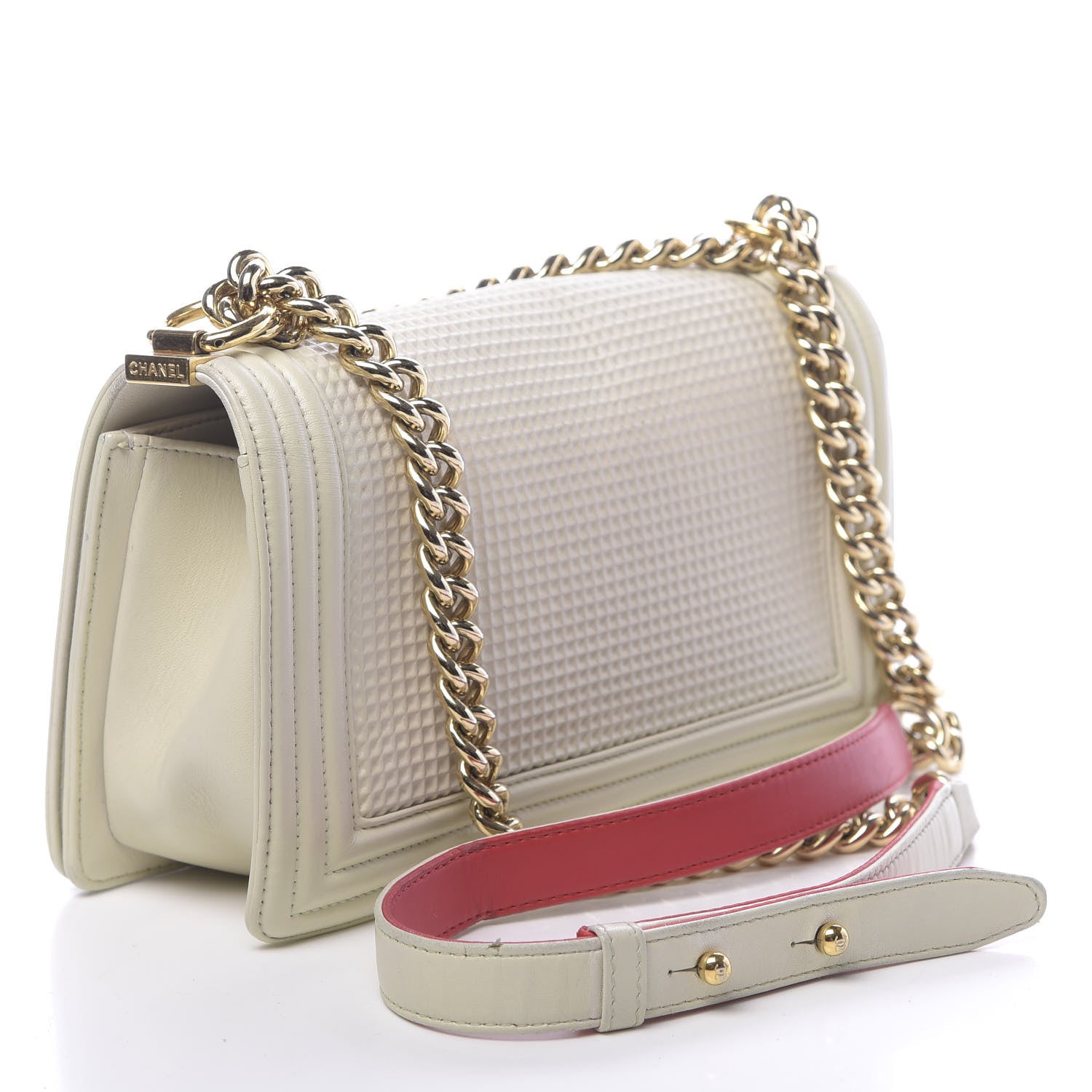 Chanel Lambskin Embossed Medium Boy Cube Flap White Red 3 of 11