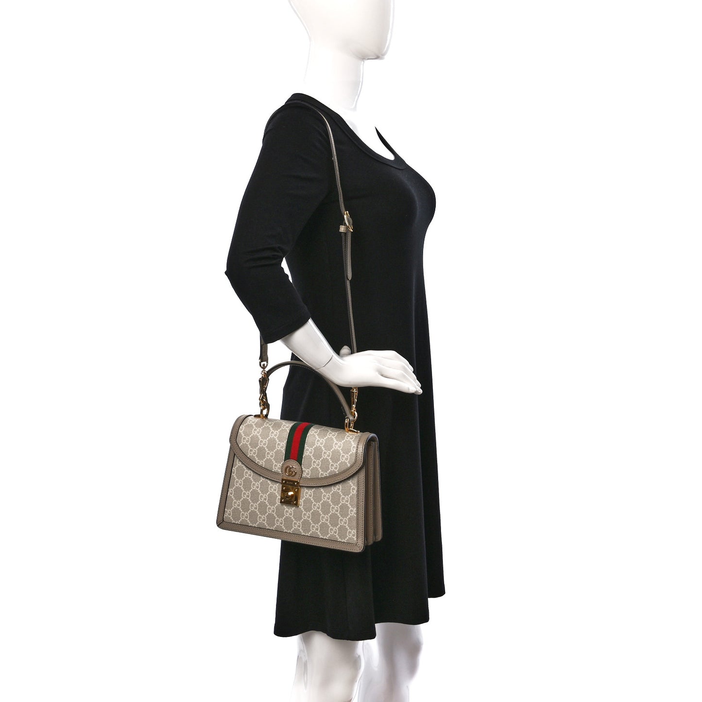 GG Supreme Monogram Textured Dollar Calfskin Web Small Ophidia Padlock Top Handle Bag Beige Mystic White Oatmeal