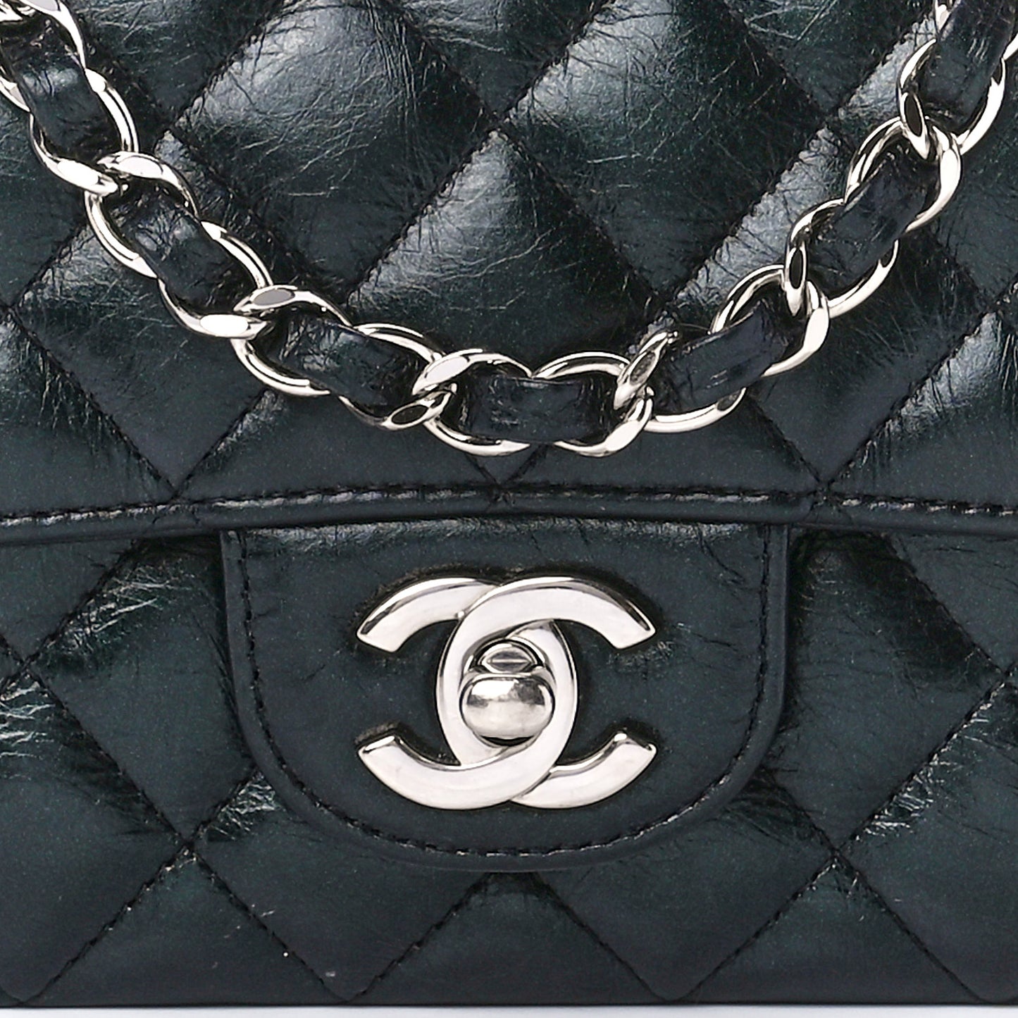 Iridescent Crumpled Calfskin Quilted Mini Rectangular Flap Black