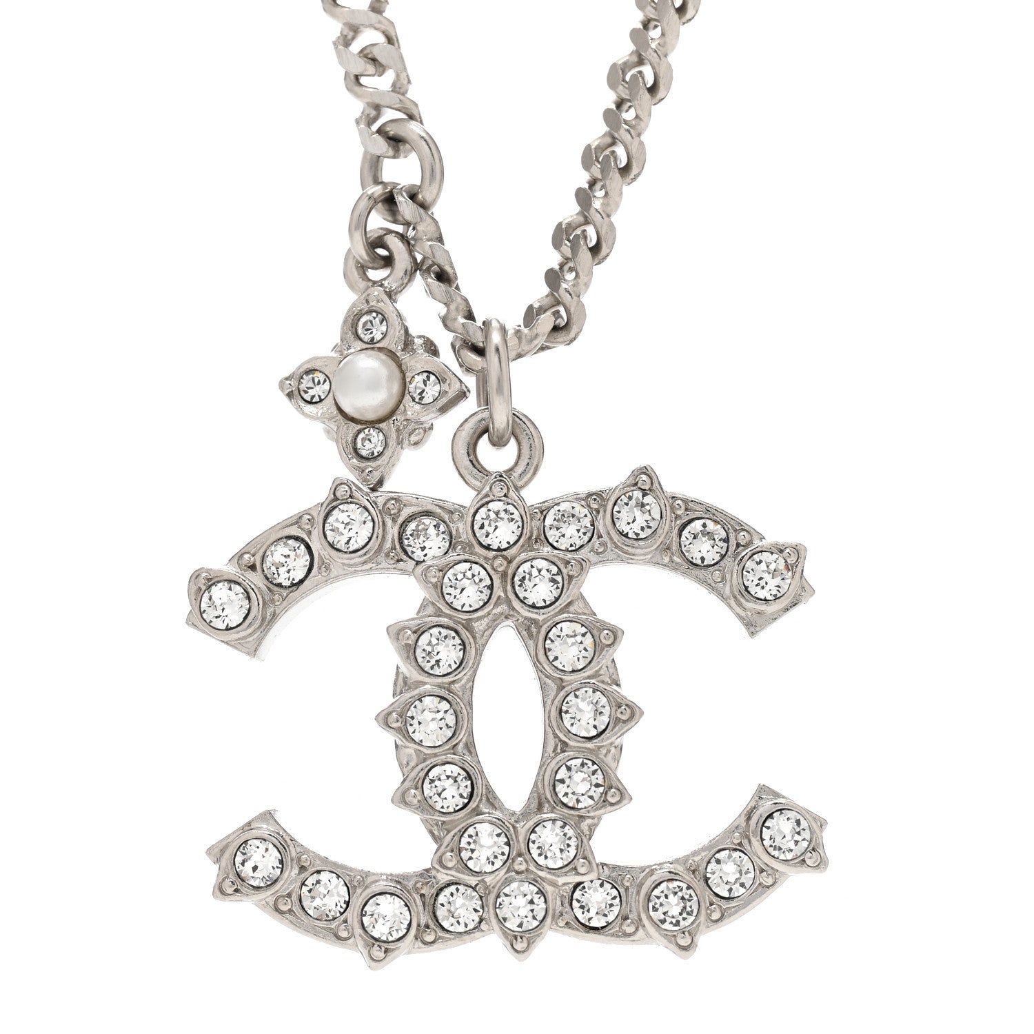 Chanel Pearl Crystal CC Pendant Necklace Silver 4 of 6