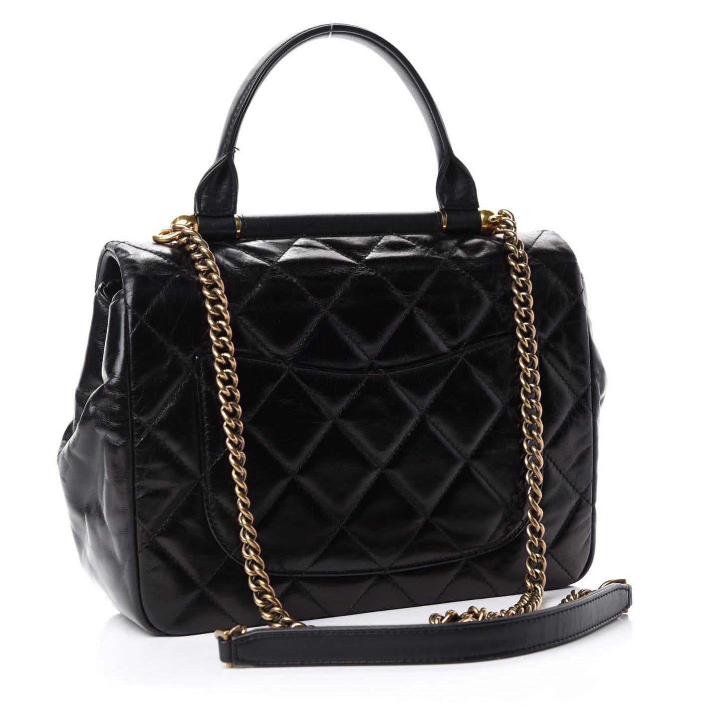 Glazed Calfskin Quilted Medium Gold Bar Top Handle Flap Black