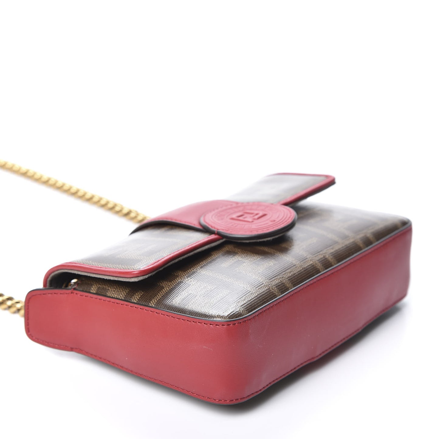 Glazed Fabric Vitello Century FF 1974 Stamp Patch Mini Double F Crossbody Bag Mogano Panna Fragola