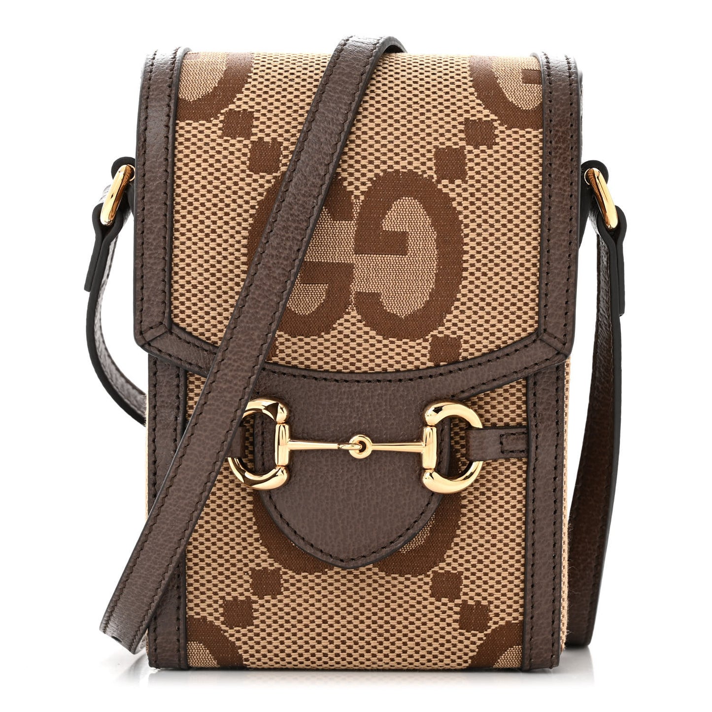 Monogram Jumbo GG Textured Dollar Calfskin Mini Horsebit 1955 Crossbody Bag Camel Ebony New Acero