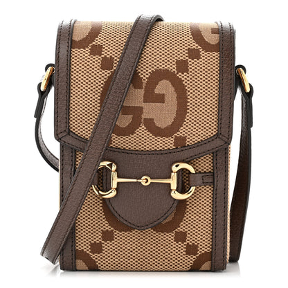 Gucci Monogram Jumbo GG Textured Dollar Calfskin Mini Horsebit 1955 Crossbody Bag Camel Ebony New Acero 1 of 11