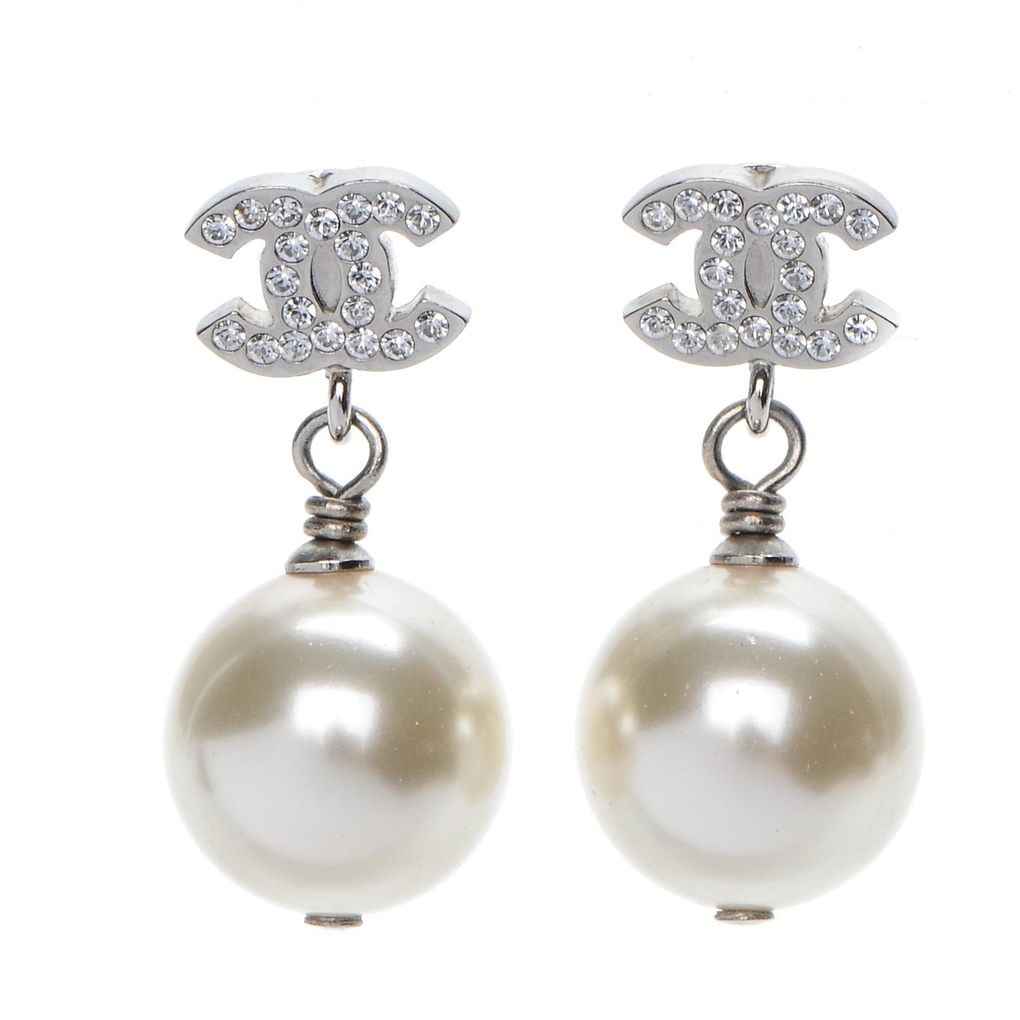 Crystal Pearl CC Drop Earrings Silver