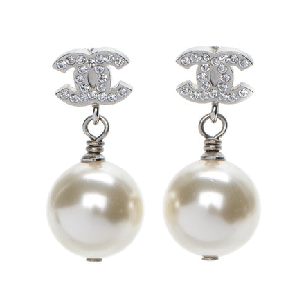 Chanel Crystal Pearl CC Drop Earrings Silver 1 of 5