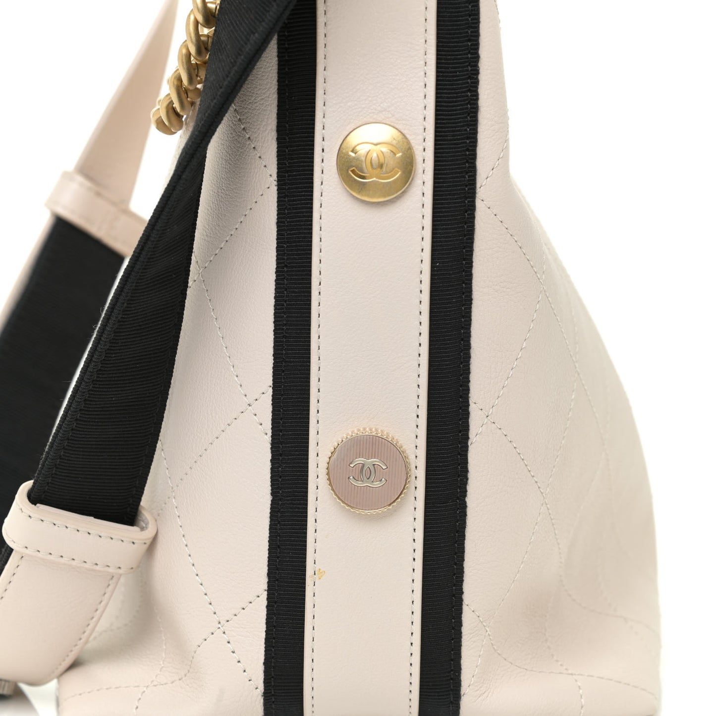 Calfskin Stitched Large Button Up Hobo Ivory Black