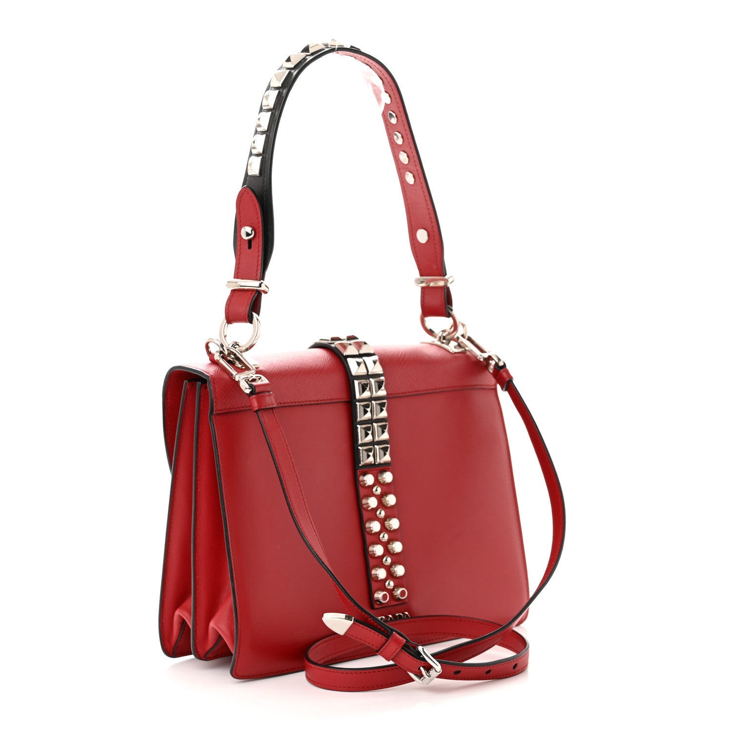 Prada Saffiano City Calfskin Studded Elektra Shoulder Bag Fuoco Black 3 of 10