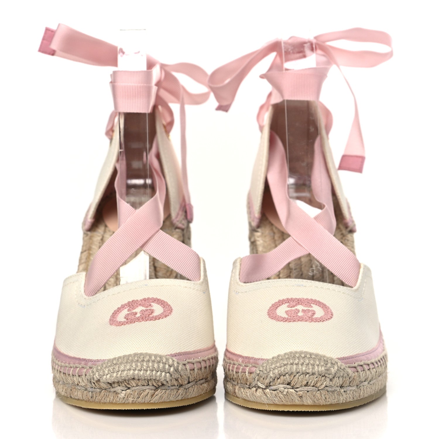 Gucci Canvas Grossgrain Embroidered Judit Ankle Wrap Platform 35/120mm Espadrille Wedges 38.5 White Shell 2 of 8