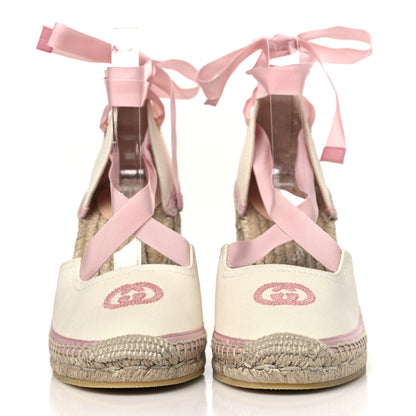 Gucci Canvas Grossgrain Embroidered Judit Ankle Wrap Platform 35/120mm Espadrille Wedges 38.5 White Shell 2 of 8