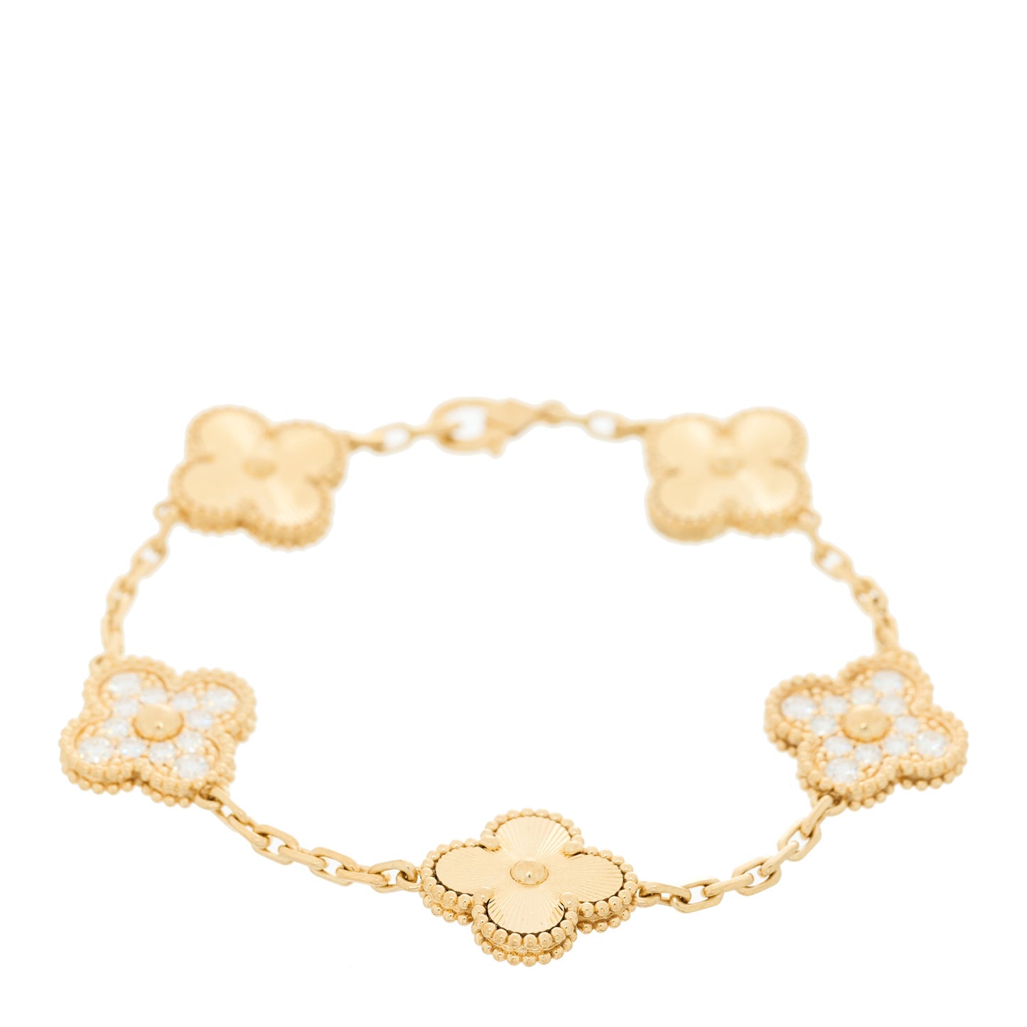 18K Yellow Gold Diamond 5 Motifs Guilloche Vintage Alhambra Bracelet