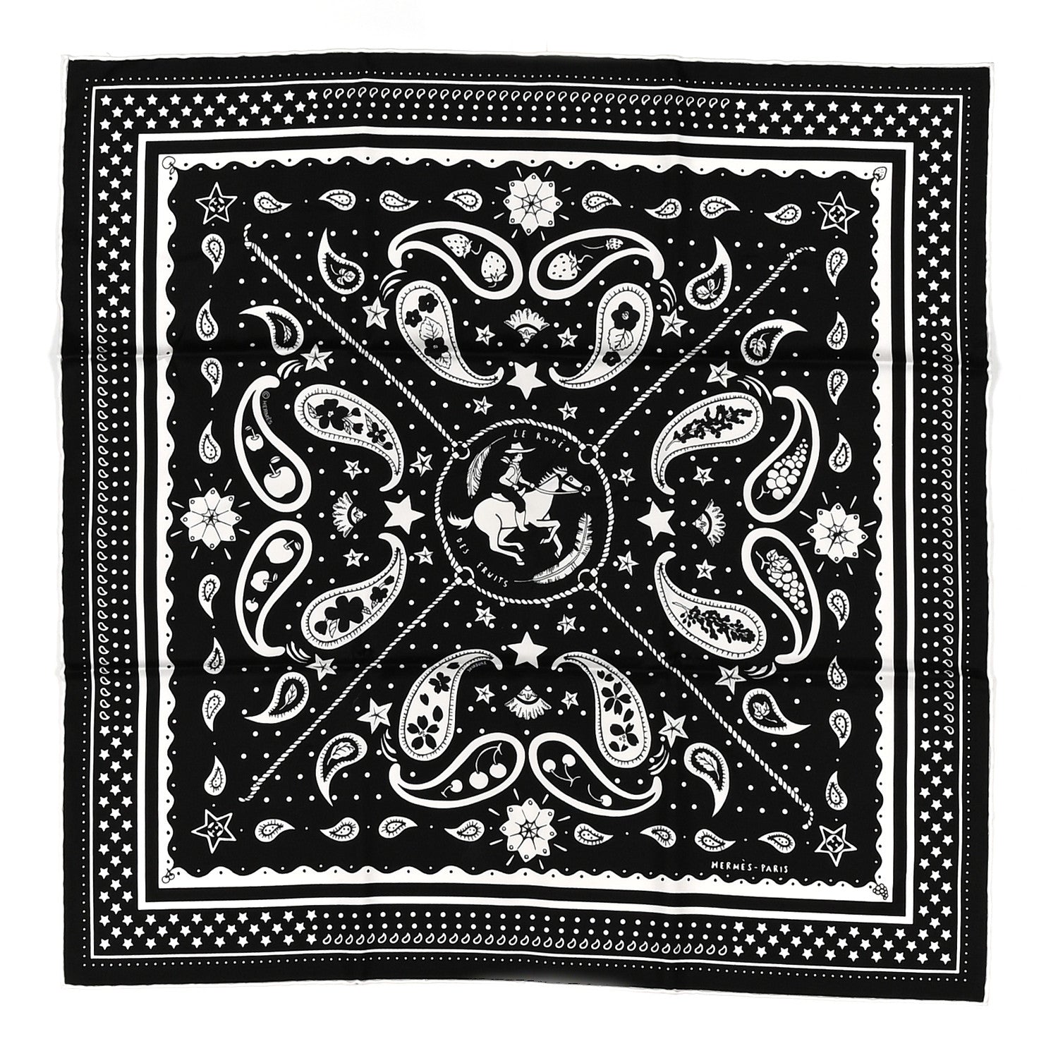 Hermes Silk Le Rodeo Des Fruits Bandana Scarf 55 Black White 1 of 5