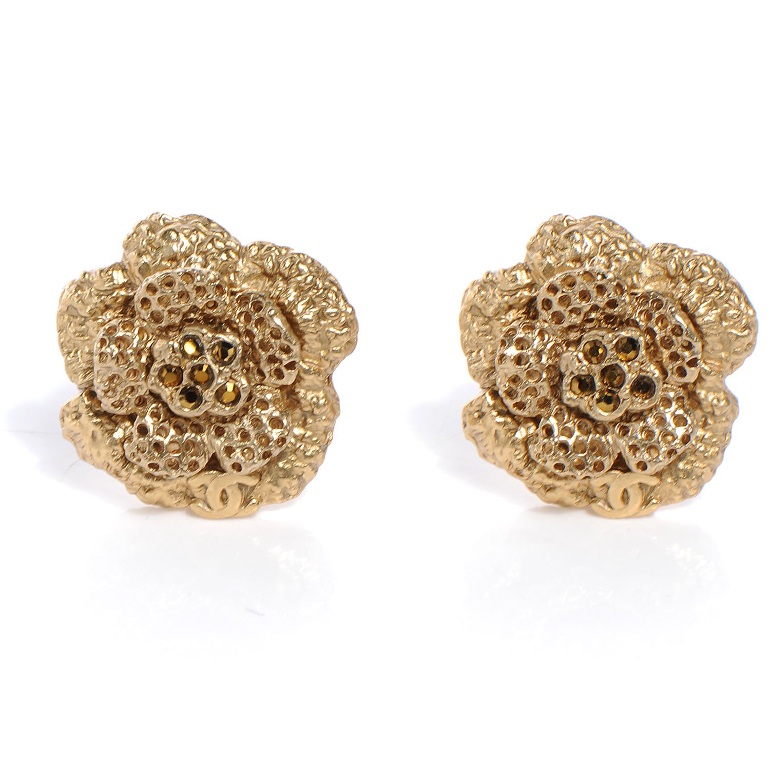 Chanel Camellia Crystal Clip On Earrings Gold 1 of 5