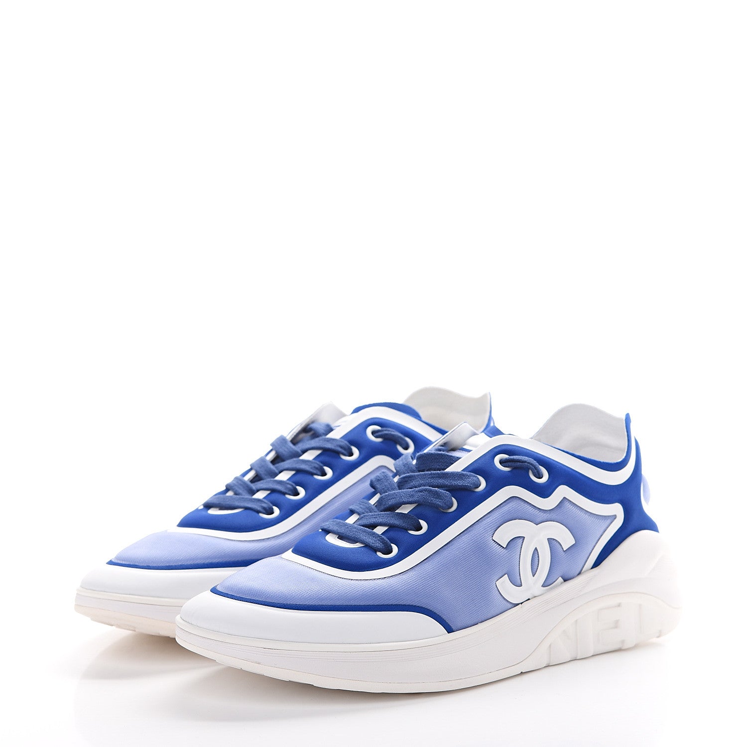 Chanel Calfskin Mesh Lycra Womens Logo Sneakers 39 White Blue 3 of 7