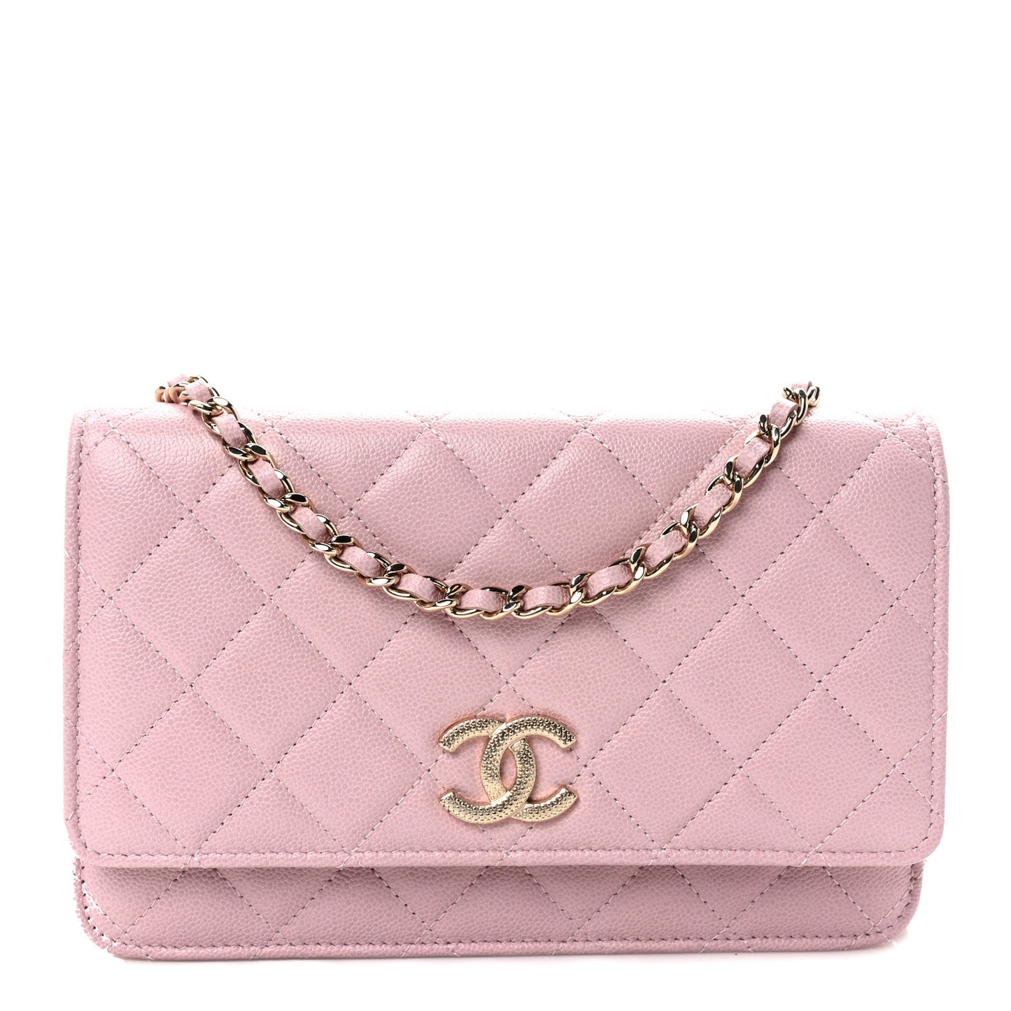 Caviar Quilted Studded CC Wallet on Chain WOC Light Pink