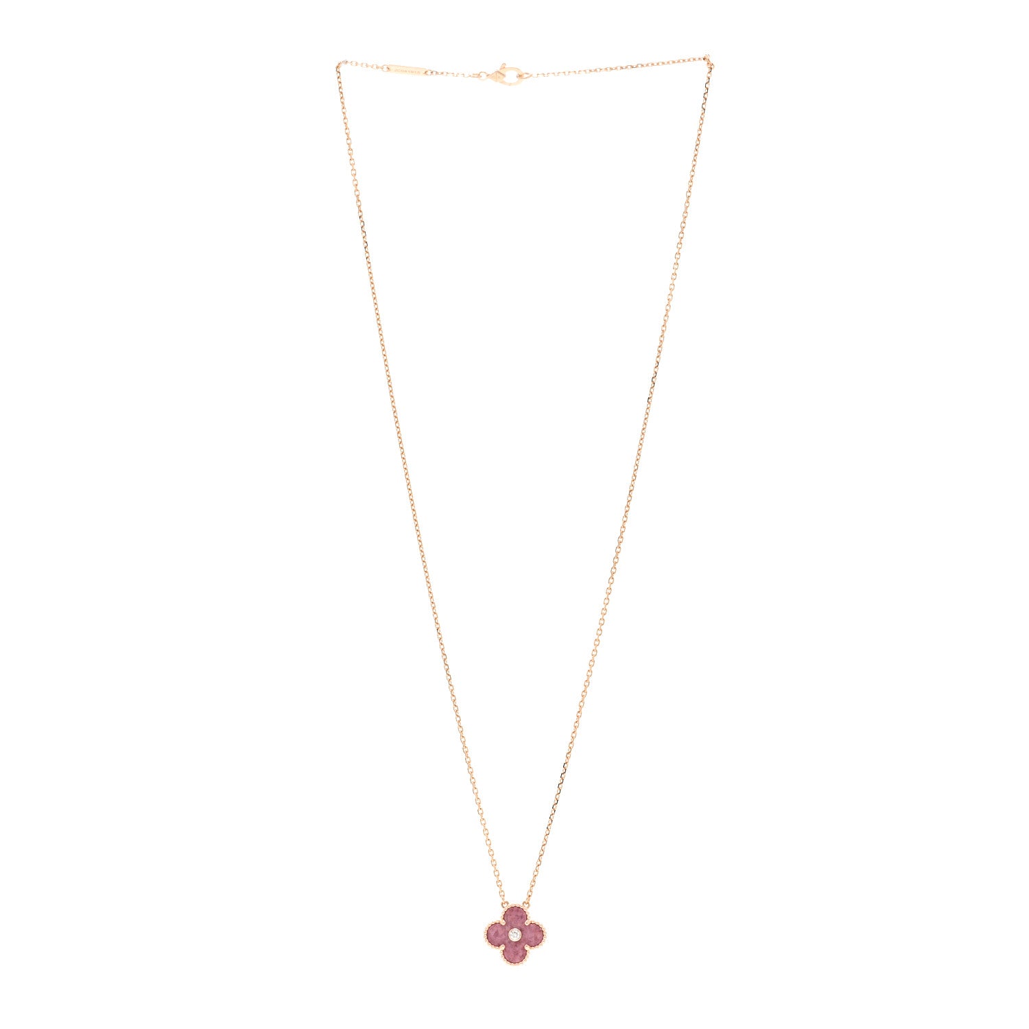 Van Cleef & Arpels 18K Rose Gold Diamond Rhodonite Vintage Alhambra Pendant Necklace 3 of 5