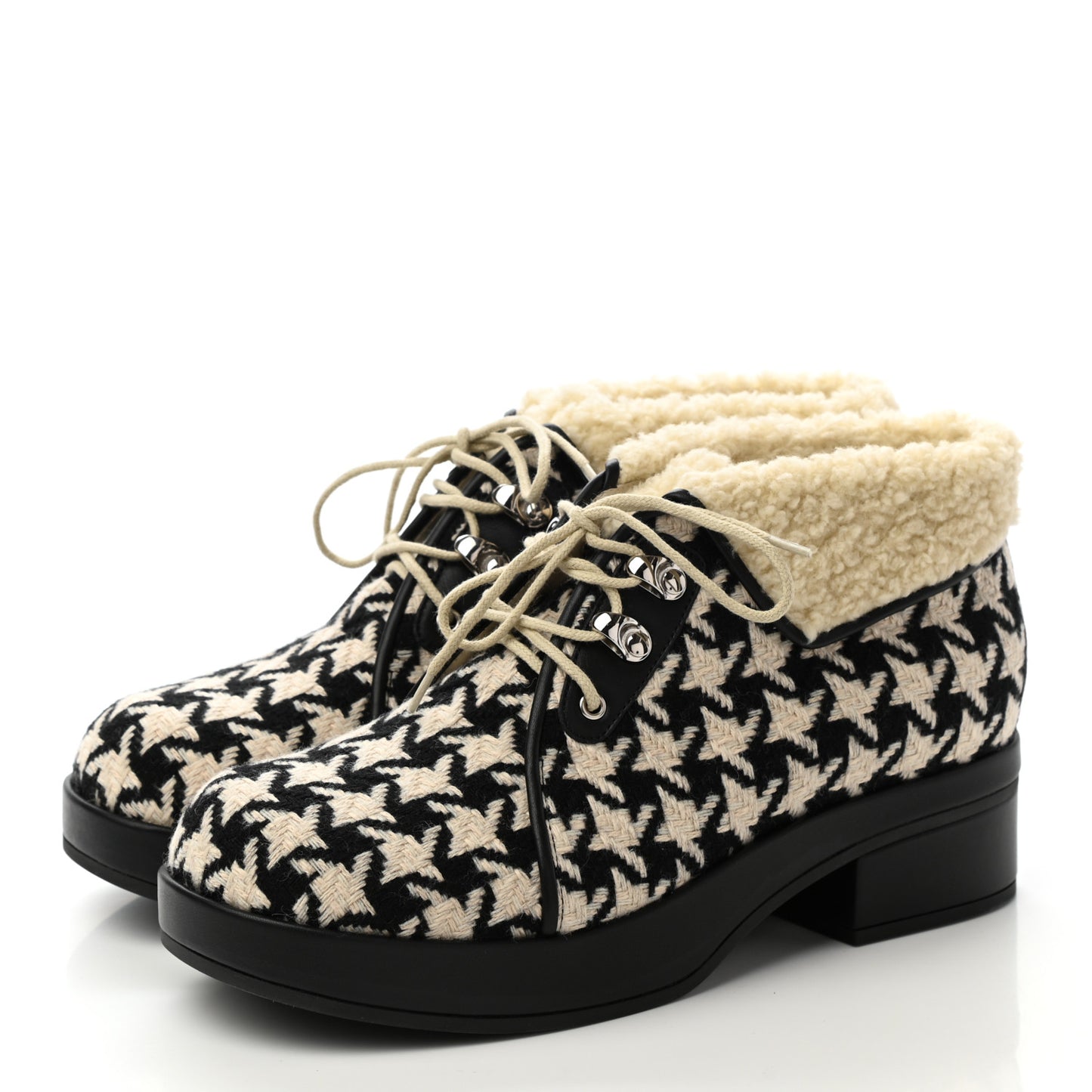 Optical Tweed Faux Shearling Houndstooth Victor Lace Up Ankle Boots 38.5 White Black