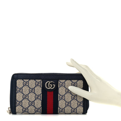 Gucci GG Supreme Monogram Textured Dollar Calfskin Web Ophidia Zip Around Wallet Beige Blue 2 of 9