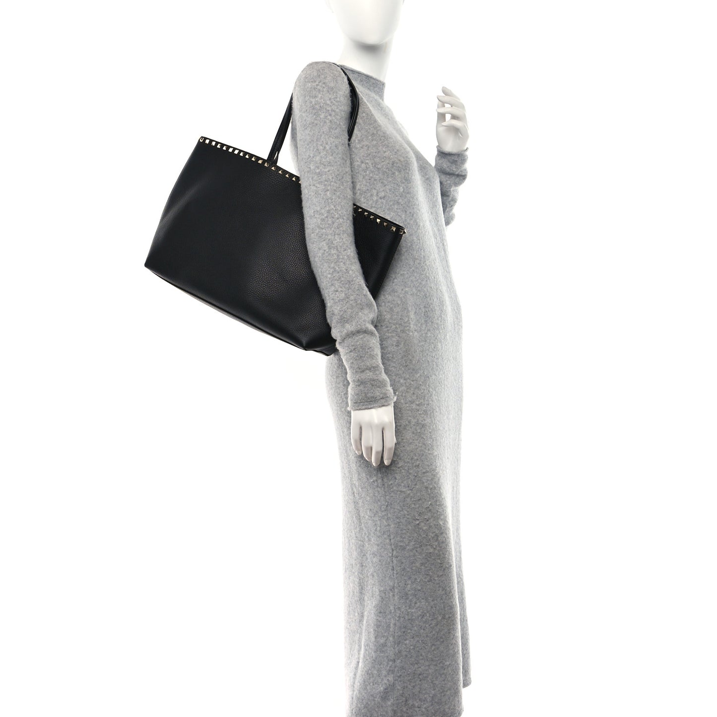 Grained Calfskin Rockstud Shoulder Tote Black