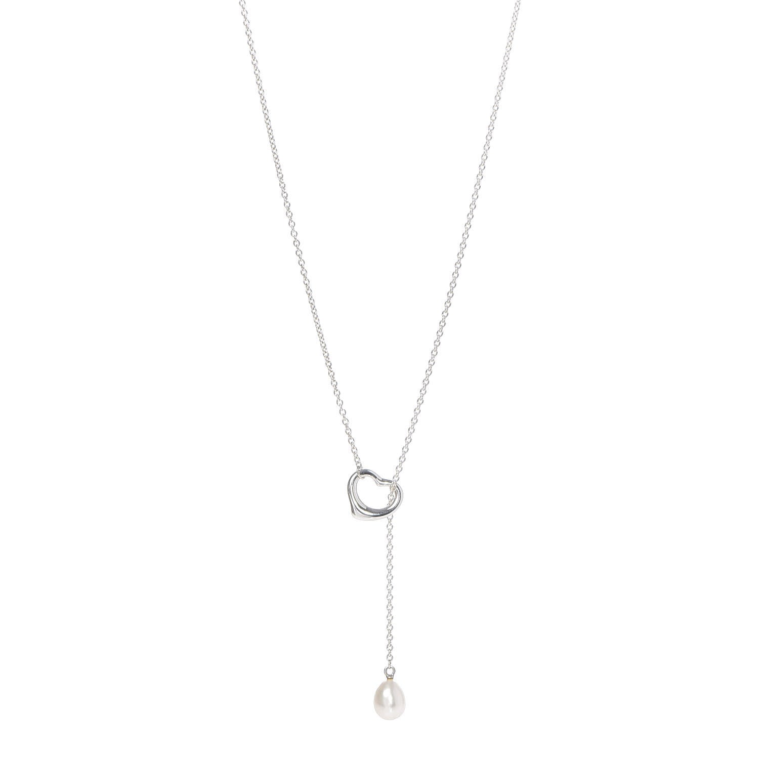 Tiffany Sterling Silver Pearl 9-9.5mm Elsa Peretti Open Heart Lariat Necklace 1 of 6