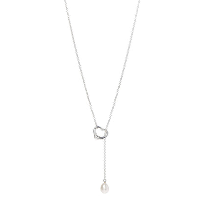 Tiffany Sterling Silver Pearl 9-9.5mm Elsa Peretti Open Heart Lariat Necklace 1 of 6