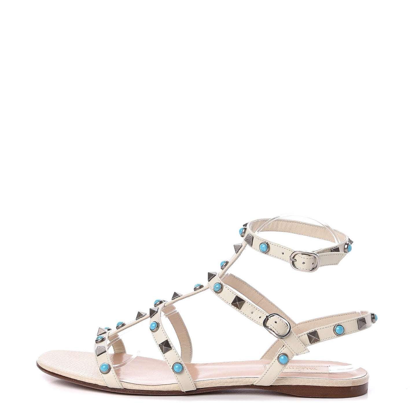 Calfskin Turquoise Rockstud Rolling Gladiator Flat Sandals 40 Light Ivory