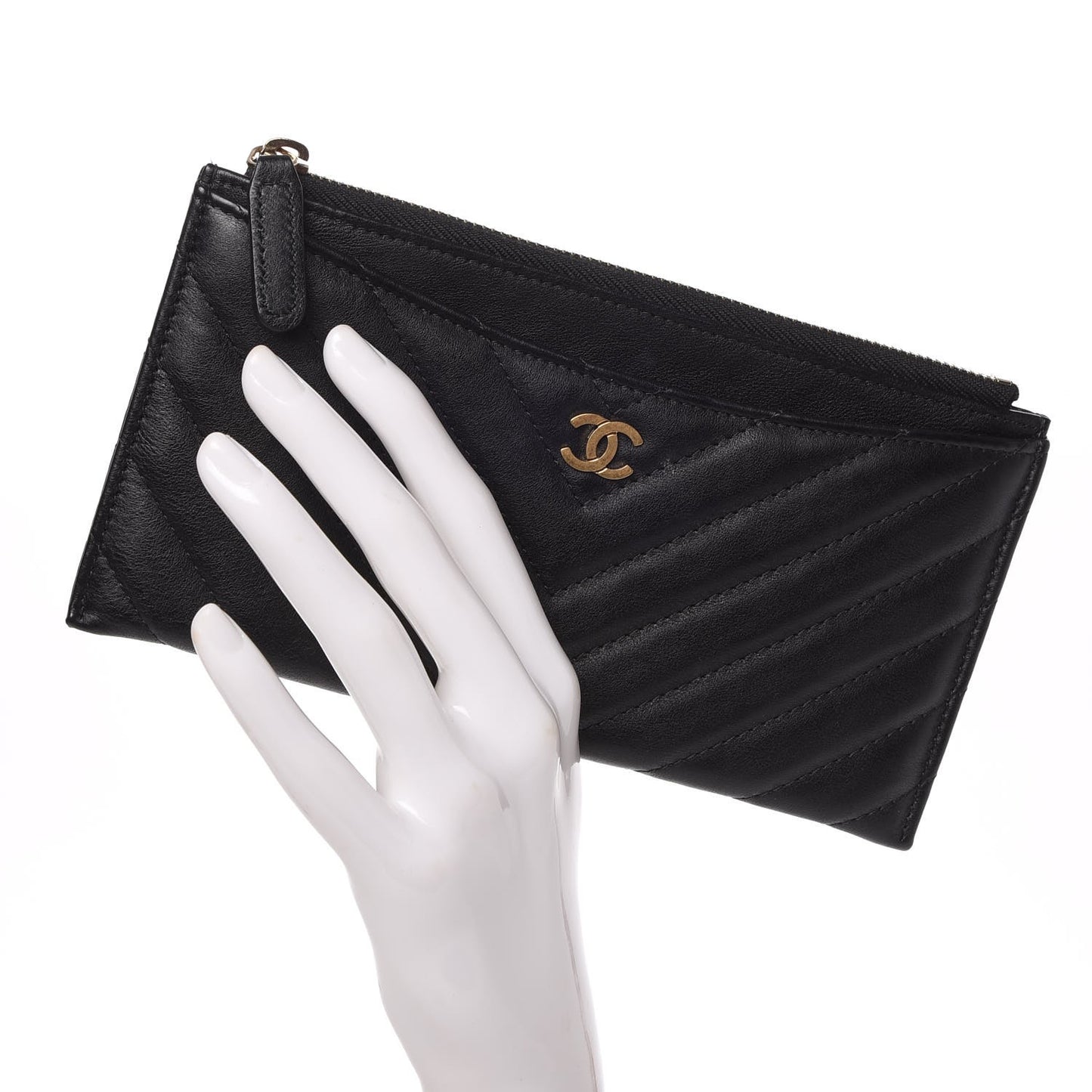 Calfskin Chevron Quilted Classic Zip Pouch Black