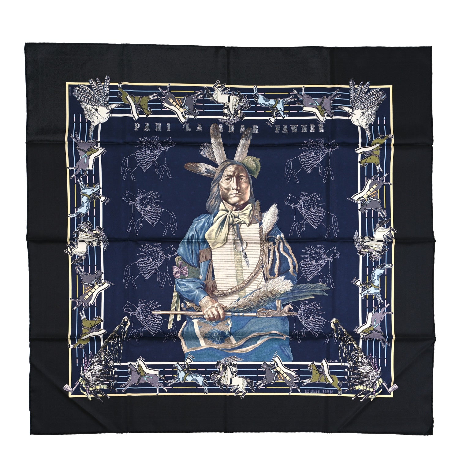 Hermes Silk Double Face Pani La Shar Pawnee Scarf 90 Black Marine 1 of 4