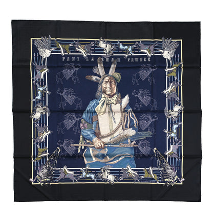 Hermes Silk Double Face Pani La Shar Pawnee Scarf 90 Black Marine 1 of 4