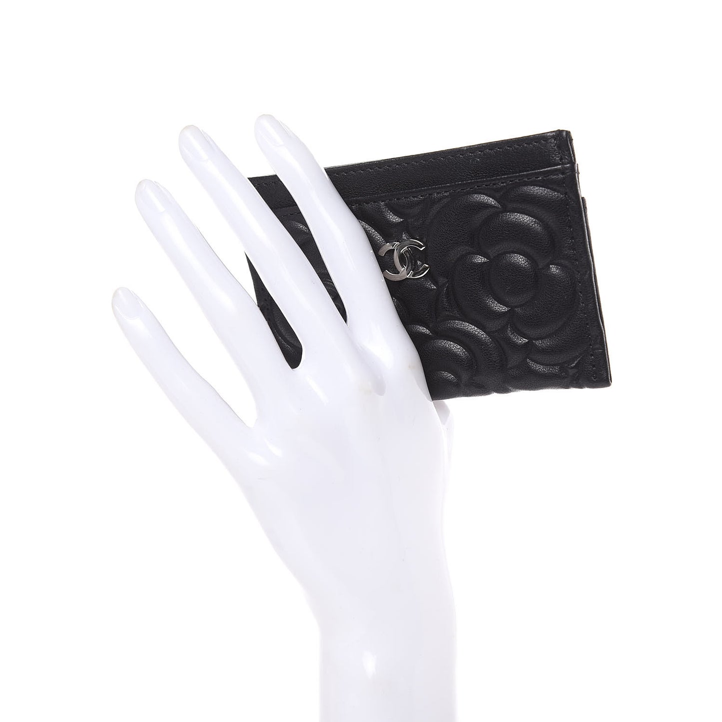 Lambskin Camellia Embossed Card Holder Black