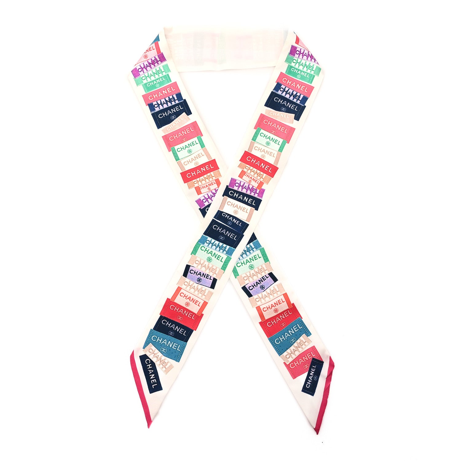 Chanel Silk Twill Slim Labels Bandeau Scarf White Multicolor 1 of 4
