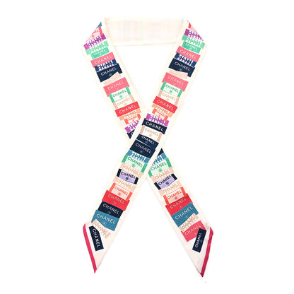 Chanel Silk Twill Slim Labels Bandeau Scarf White Multicolor 1 of 4