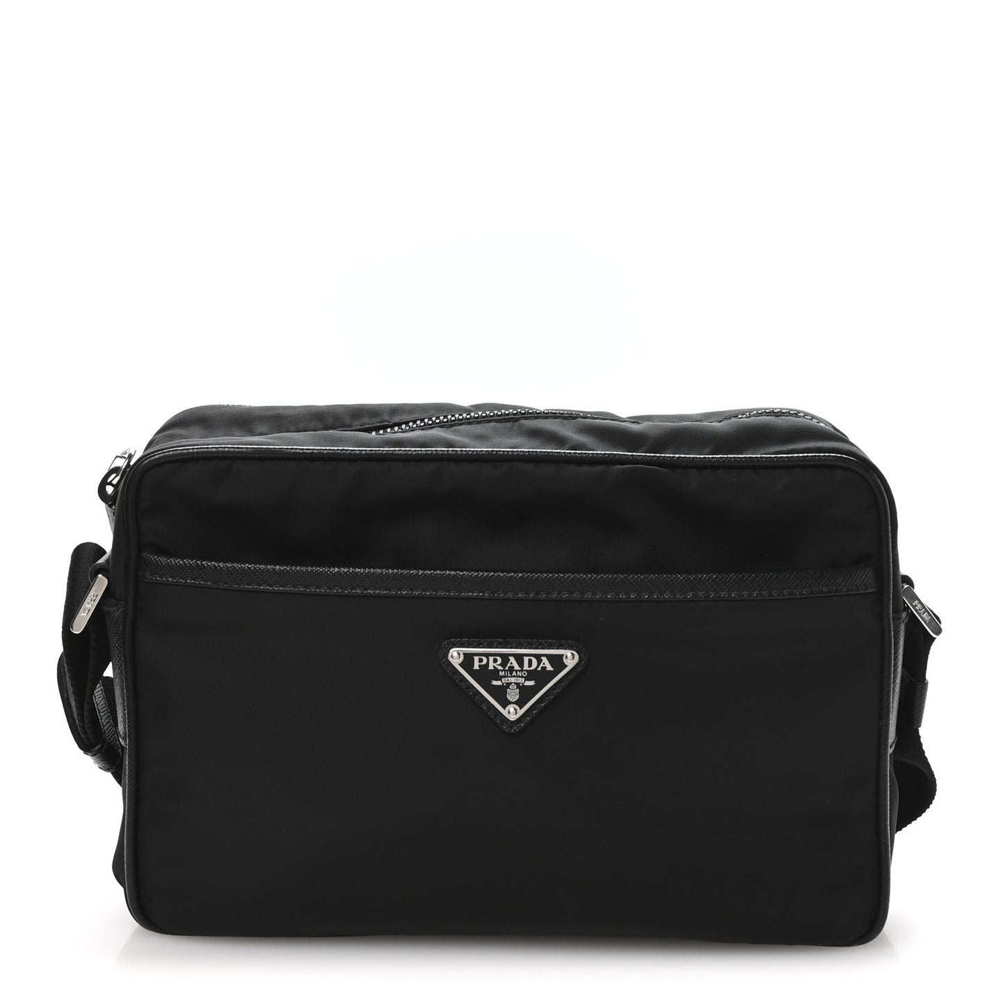 Re-Nylon Vela Saffiano Pocket Double Zip Shoulder Bag Black