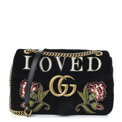 Gucci Velvet Matelasse Loved Embroidered Medium GG Marmont Shoulder Bag Black 1 of 10