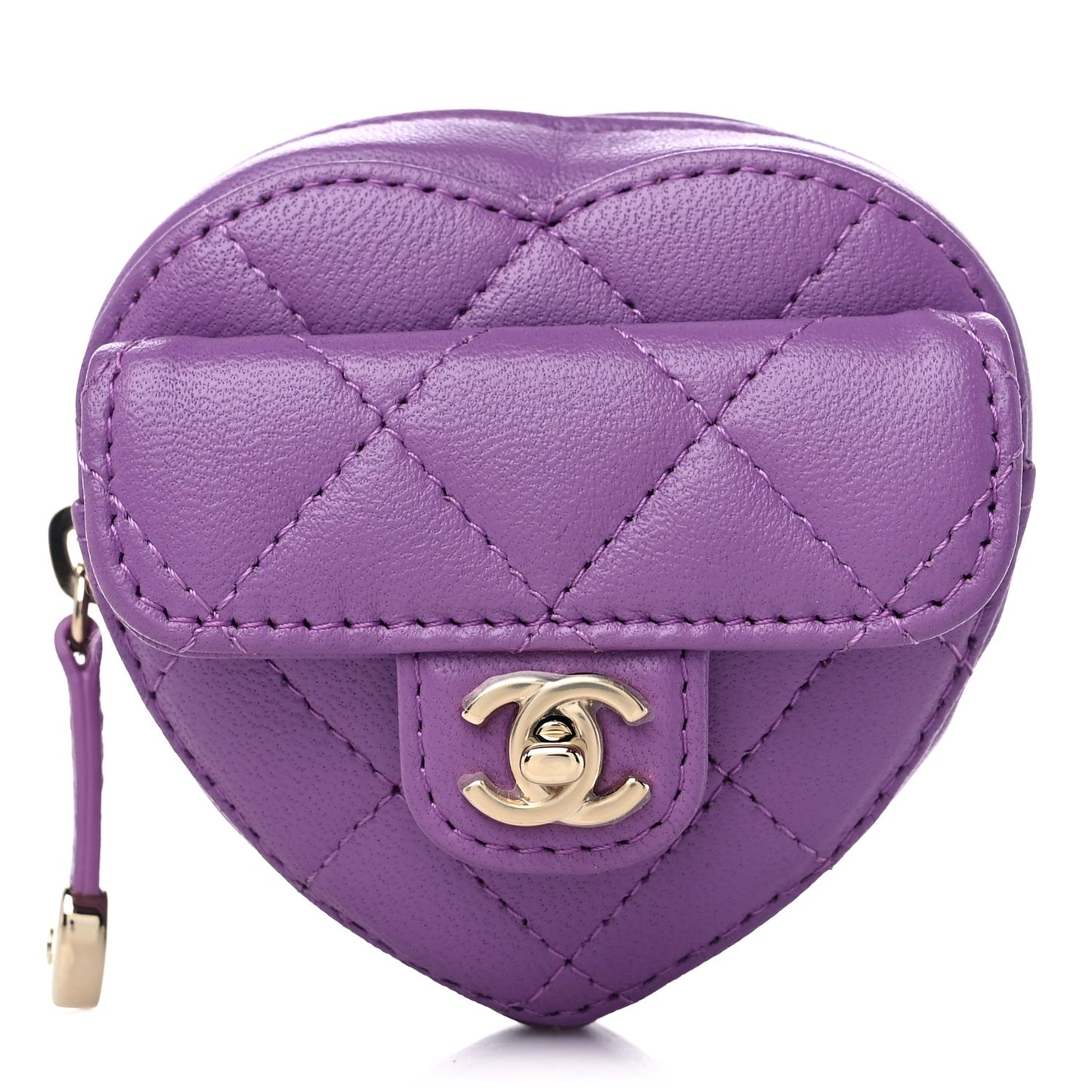 Lambskin Quilted CC In Love Heart Zipped Arm Coin Purse Purple