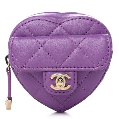 Chanel Lambskin Quilted CC In Love Heart Zipped Arm Coin Purse Purple 1 of 10