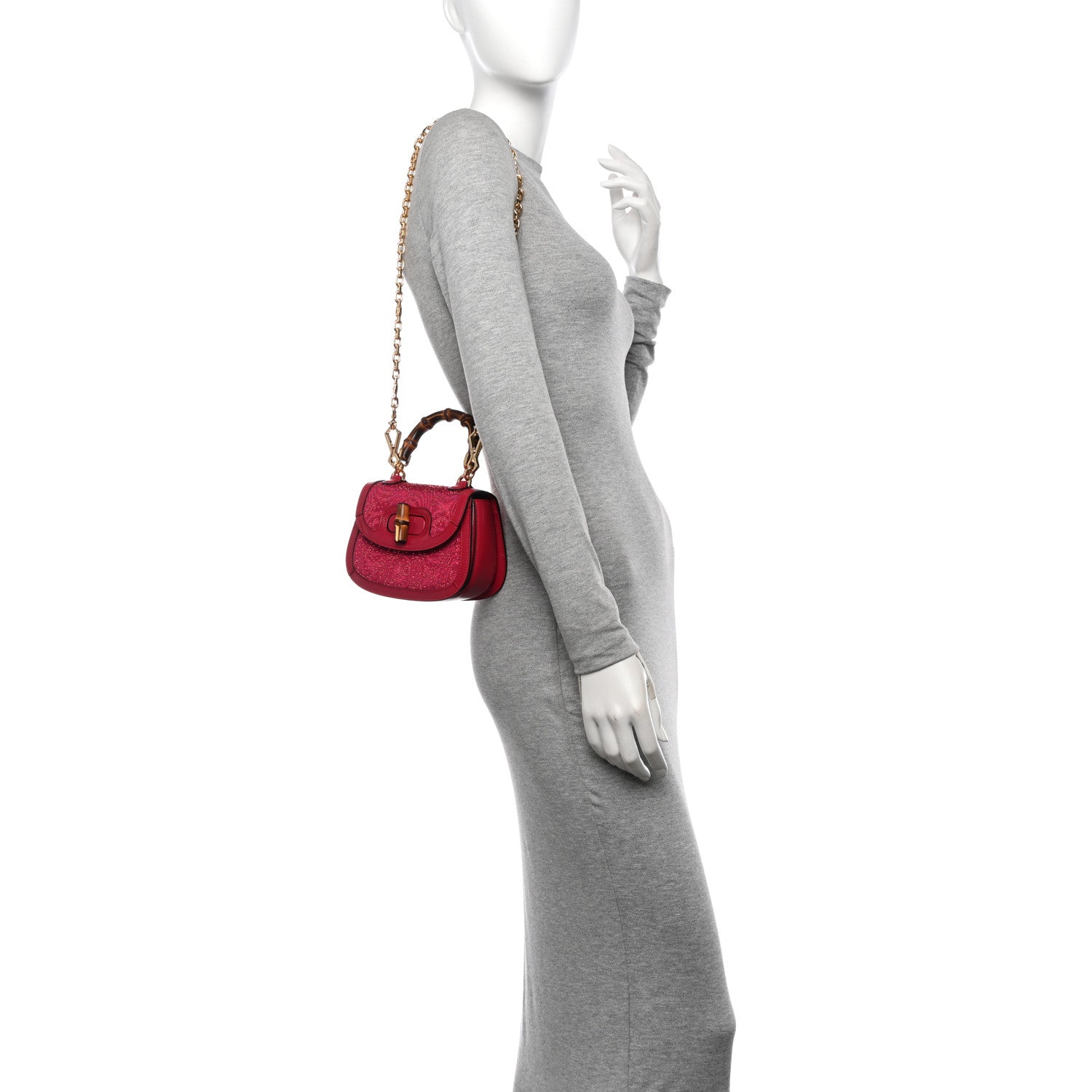 Gucci Moire Fabric Calfskin Rhinestone Monogram Monochrome Mini Bamboo 1947 Top Handle Chain Bag Dark Cherry Red 2 of 10
