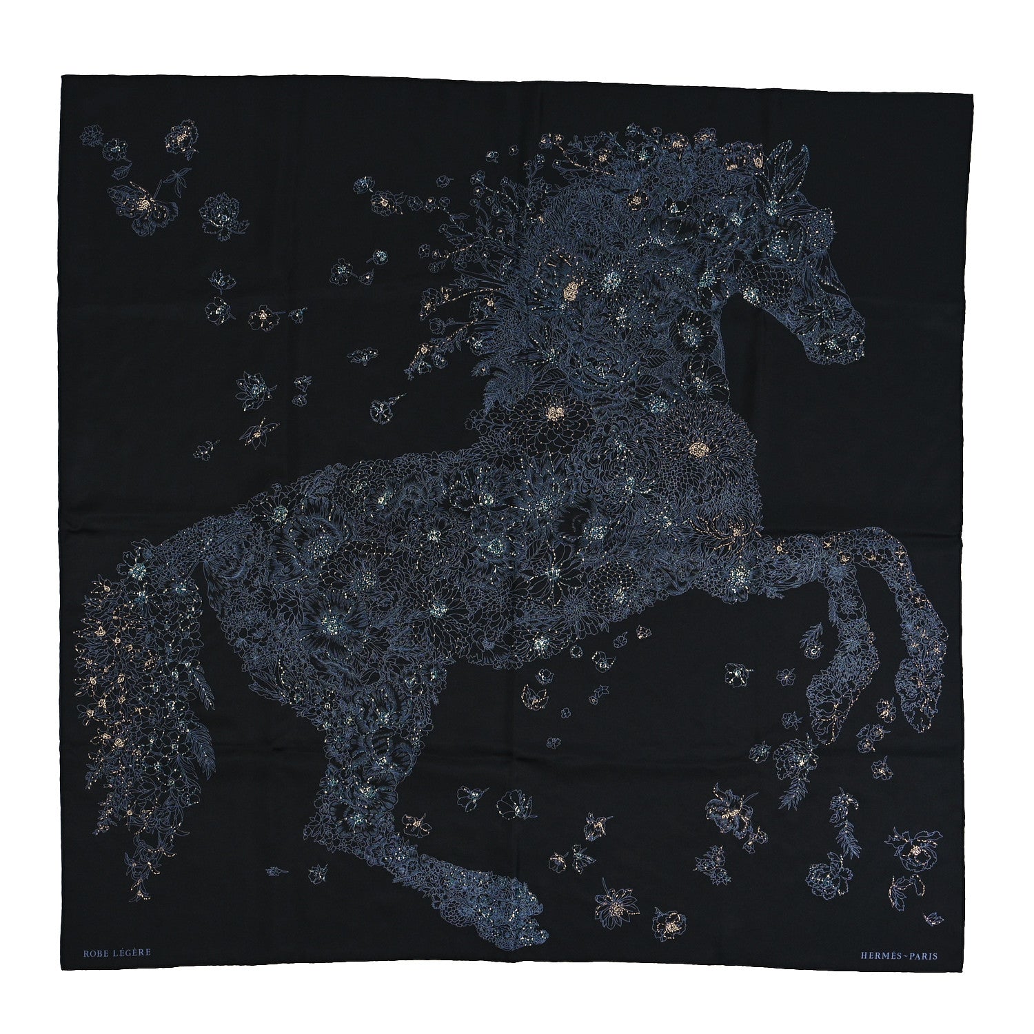 Hermes Silk Embroidered Robe Legere Scarf 90 Black Bleu 1 of 4