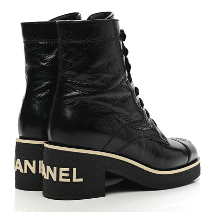 Chanel Shiny Crumpled Lambskin Lace Up Combat Boots 36 Black 4 of 9