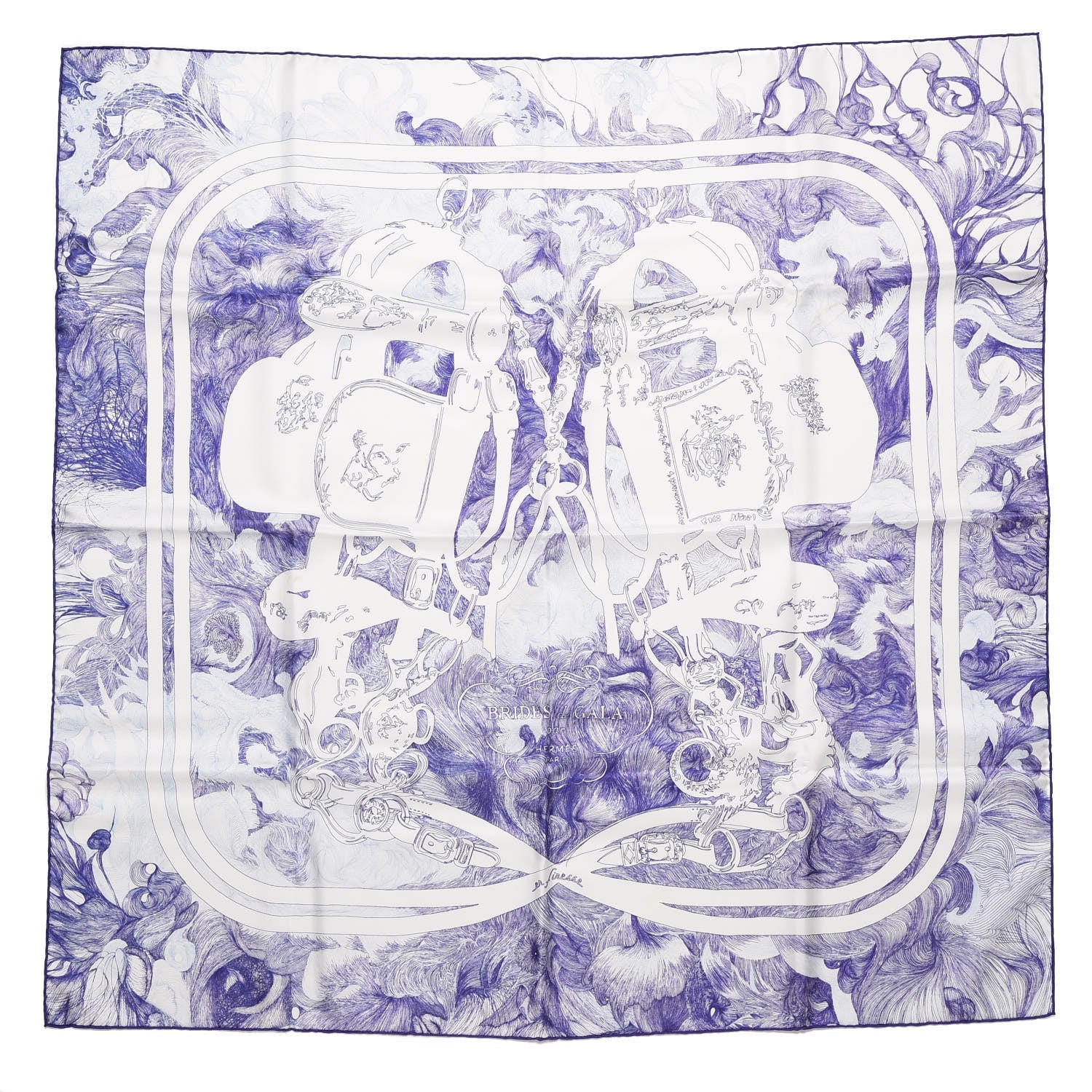 Hermes Silk Brides de Gala En Finesse Scarf 90 Encre Blanc Gris Bleuete 1 of 7