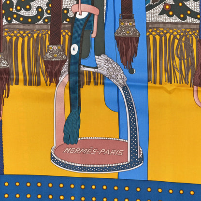 Hermes Silk Selle De Dignitaire Scarf 90 Jaune Vif Marine 2 of 3