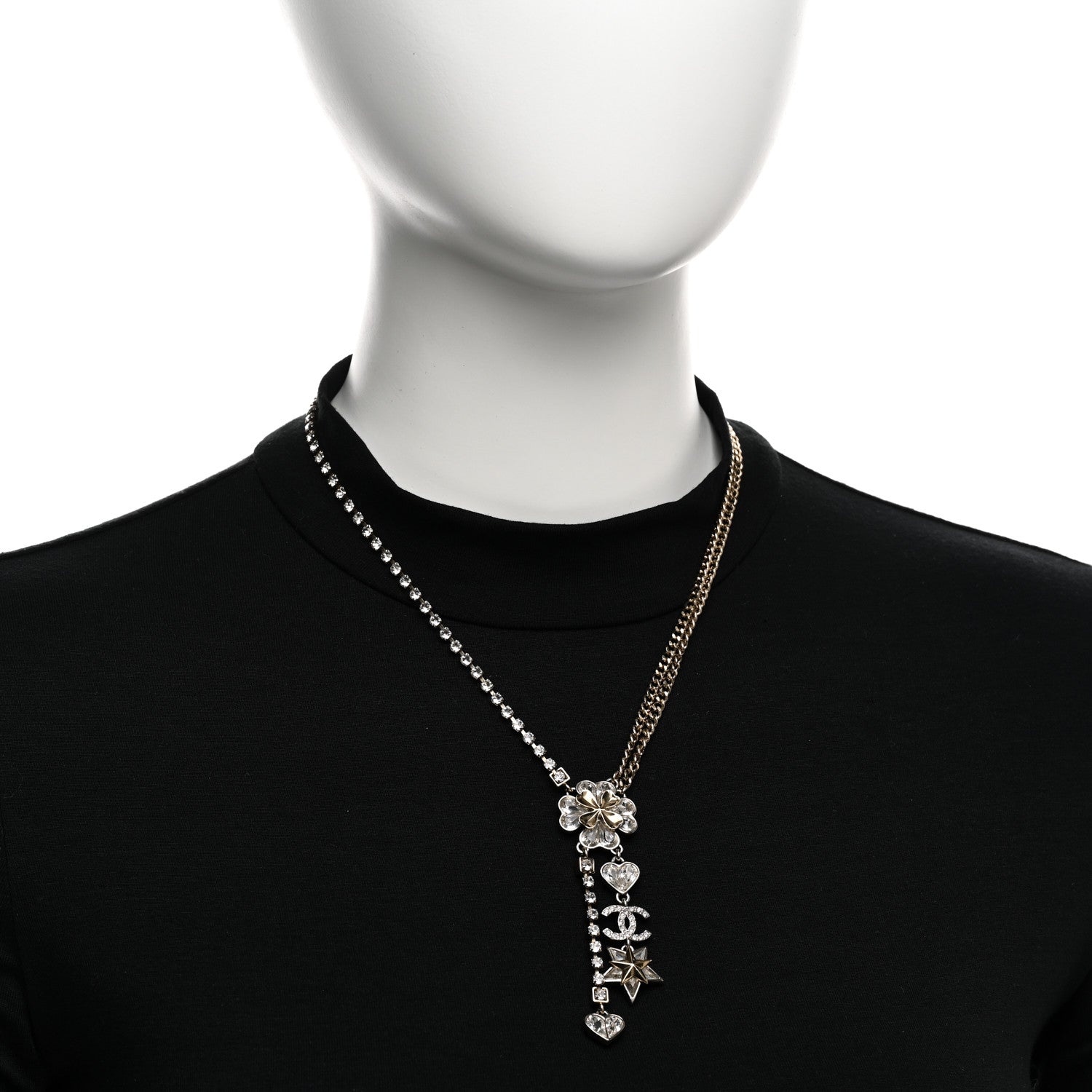 Chanel Crystal Clover Heart Star CC Drop Necklace Silver Gold 2 of 6