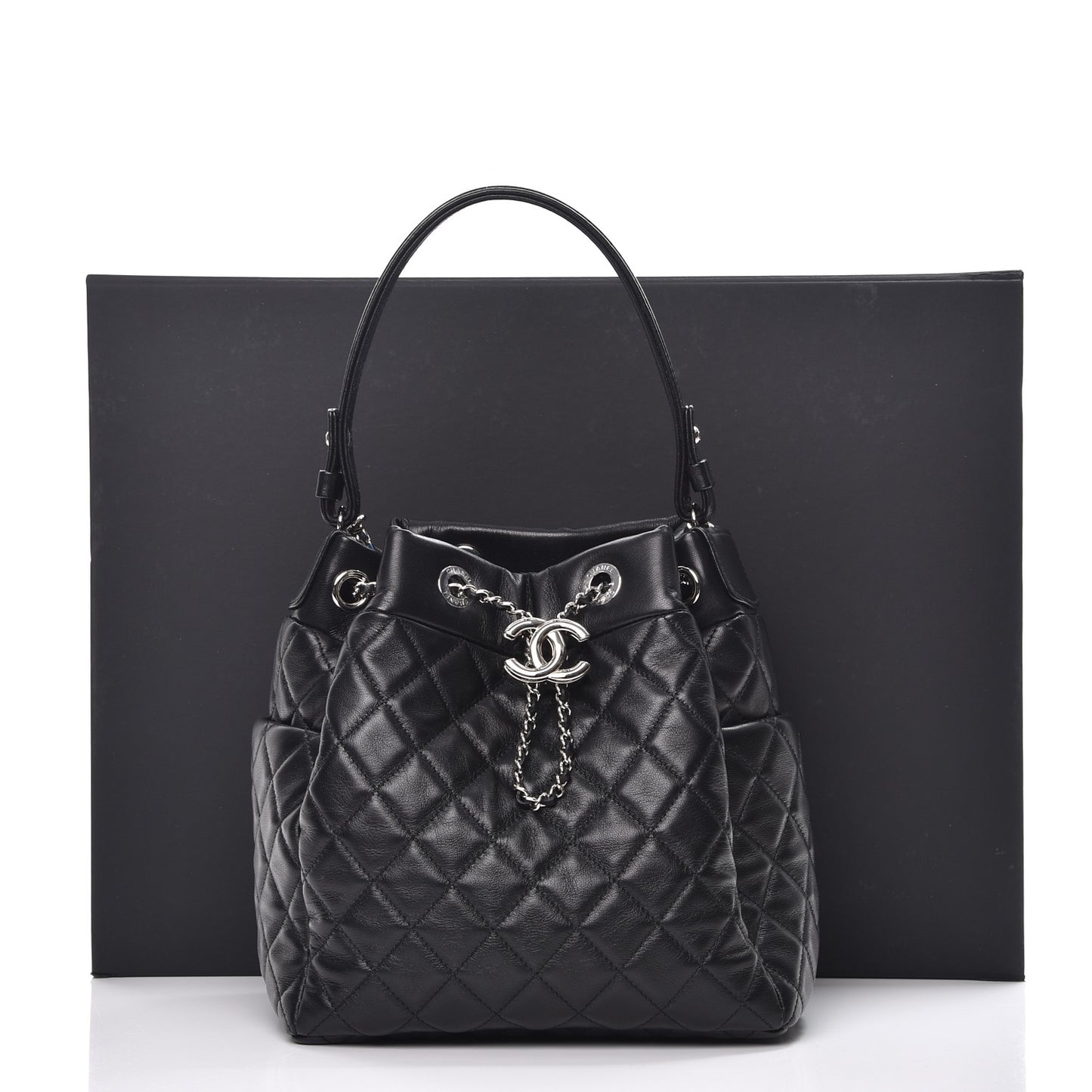 Lambskin Quilted Small Chain Bucket Bag Black