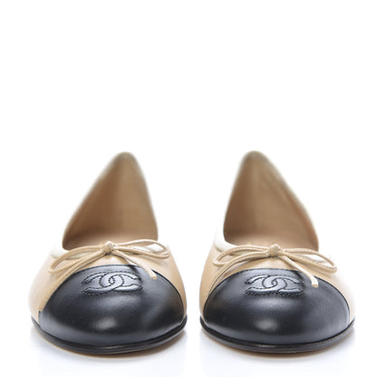 Chanel Lambskin CC Cap Toe Ballerina Flats 37 Beige Black 2 of 9