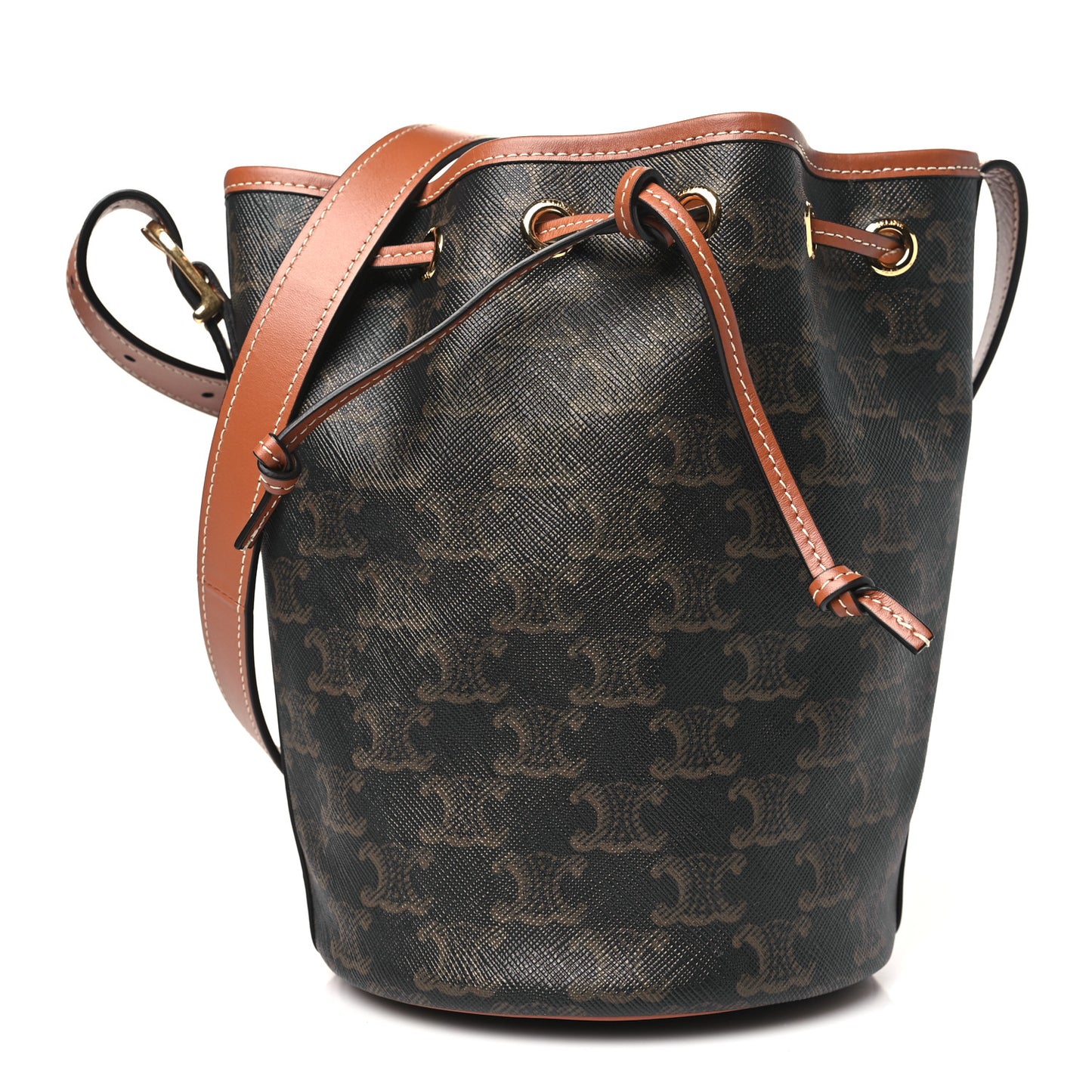 Triomphe Canvas Calfskin Small Drawstring Bucket Bag Tan